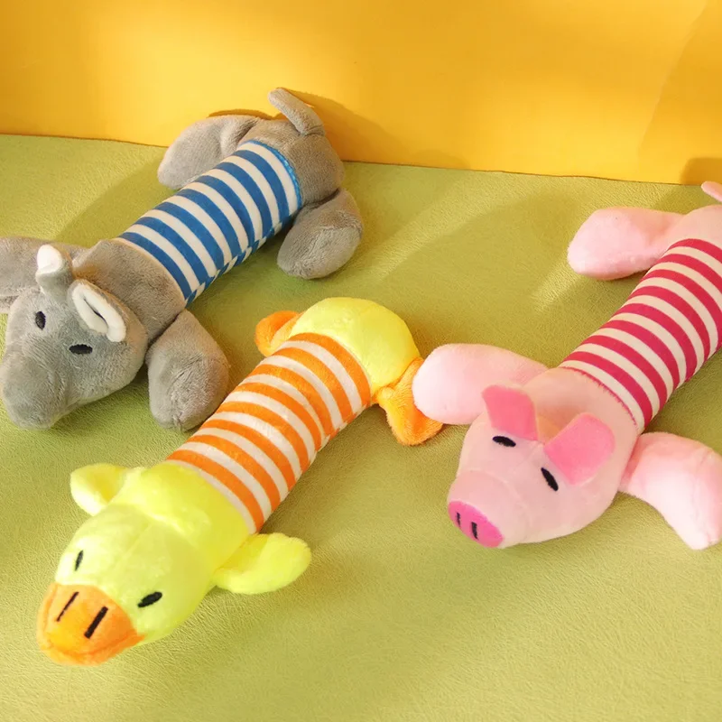 Squeaky Dog Toys Plush Striped Animal Puppy Chew Toy Soft Stuffed Elephant Pig Duck Squeaker Toys For Small Medium Dogs Boredom Relief Pet Supplies